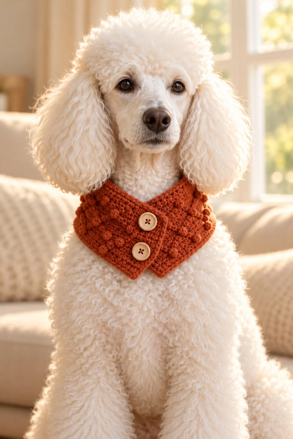 Poodle in a rust crochet scarf sitting by a window