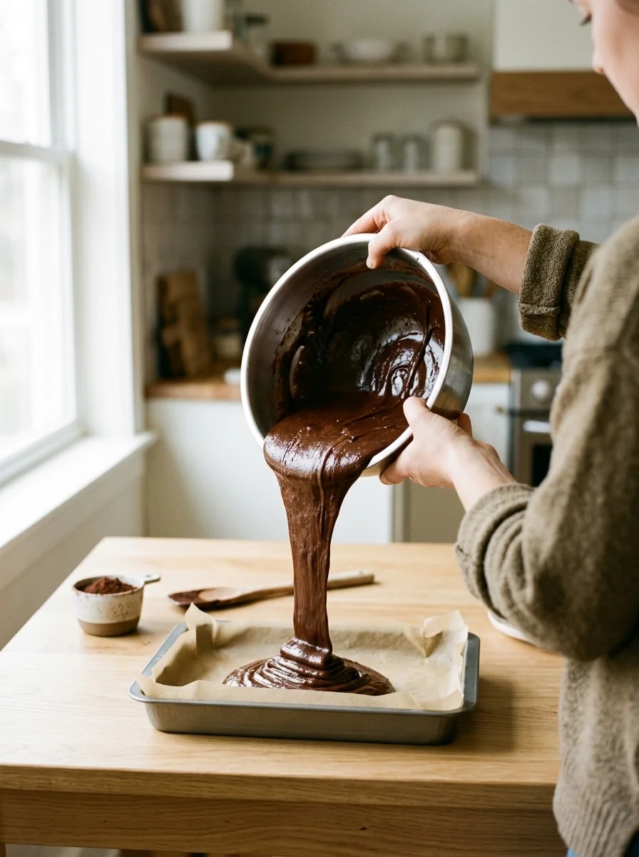 Pouring carob brownie batter into a parchment-lined baking pan