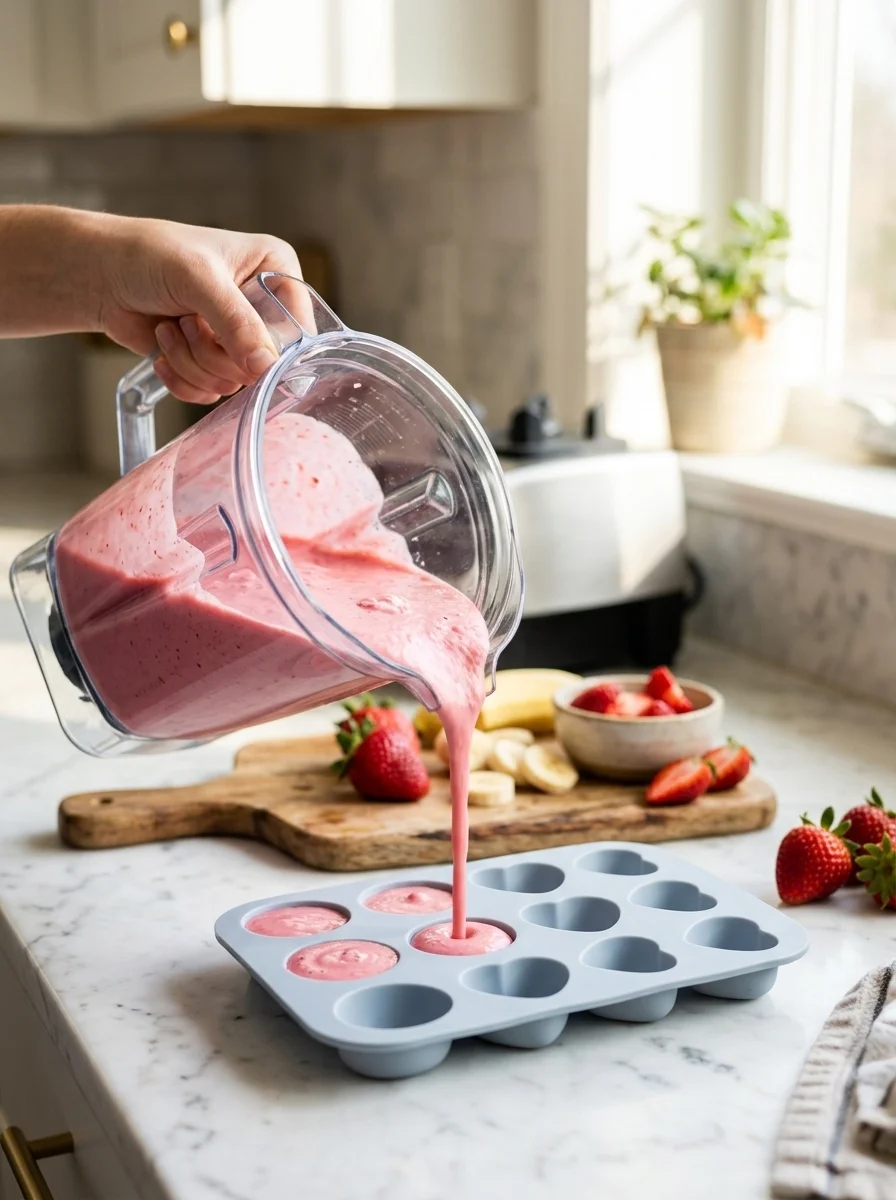 Pouring pink ice cream mixture into silicone molds in sunlight