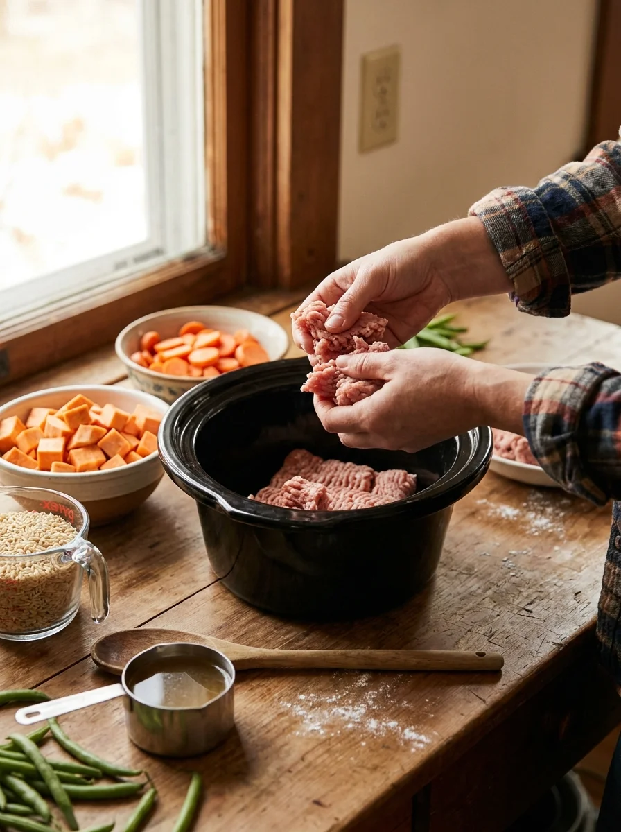 Hands adding ground turkey to a slow cooker for dog food