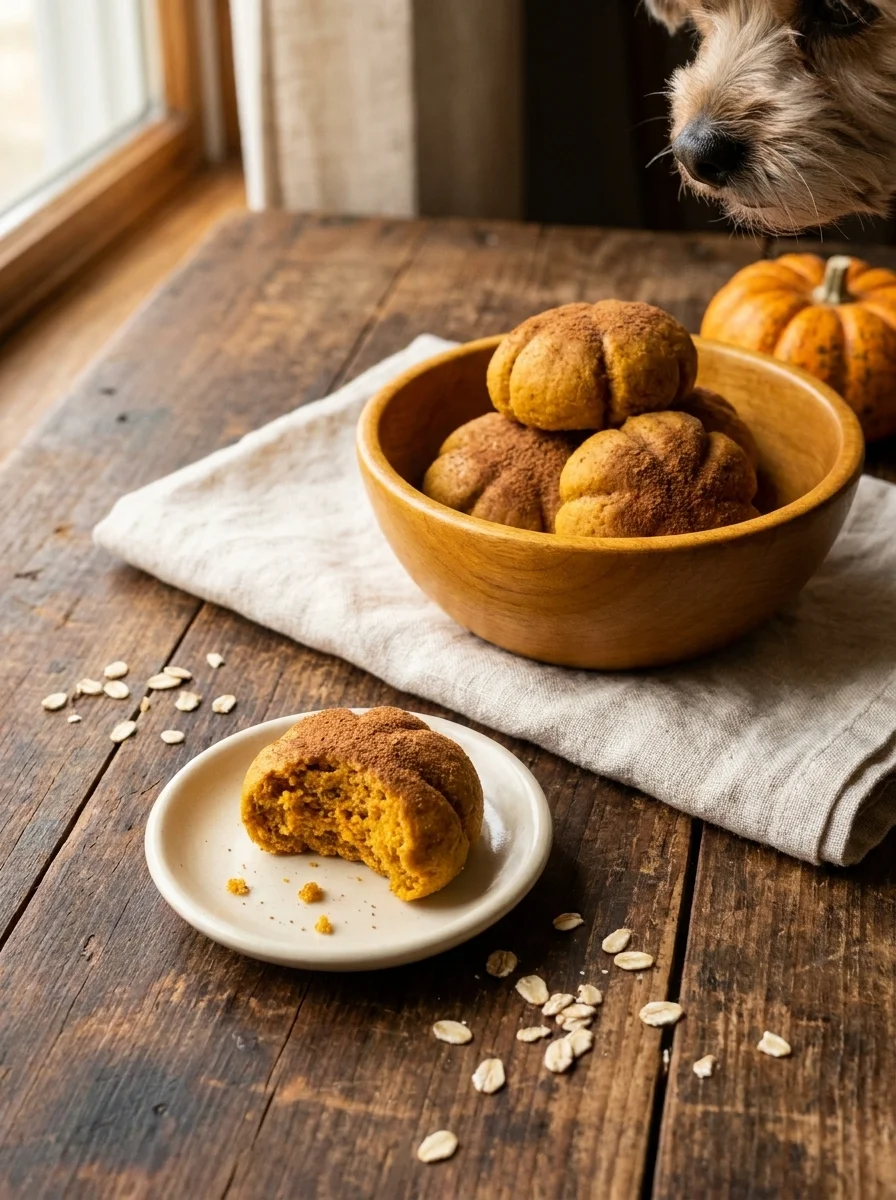Pumpkin birthday cookies for dogs in a wooden bowl with one served on a small plate