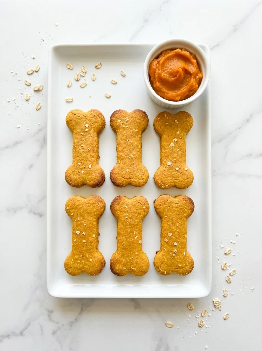 Pumpkin dog biscuits arranged in a grid on a white rectangular platter
