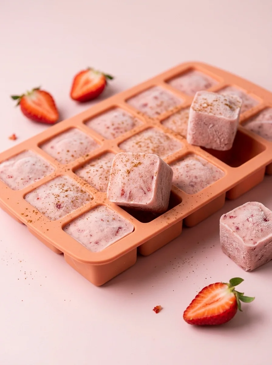 Pumpkin spice ice cream cubes in soft pink studio light