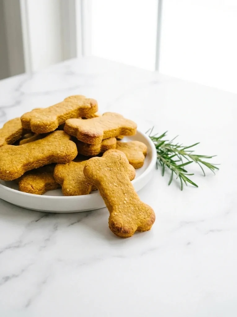 Pumpkin dog biscuits on a white platter over marble in bright daylight