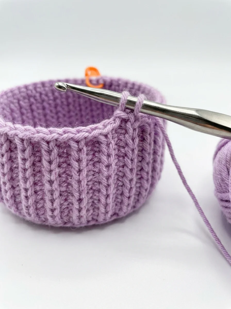 Close-up of lilac ribbed hat body in progress on white
