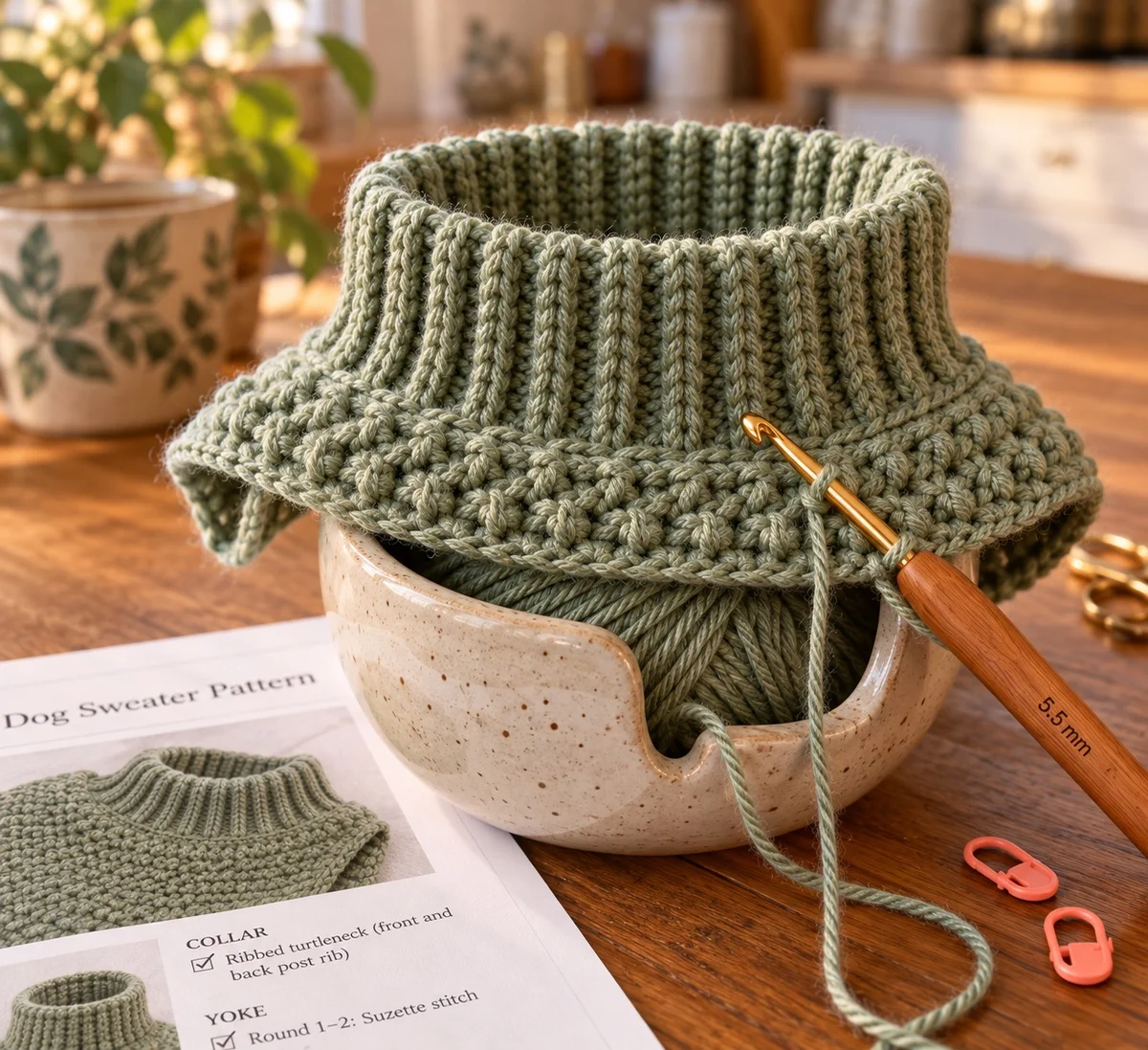In-progress crochet dog sweater showing only the finished sage-green ribbed collar and begun yoke