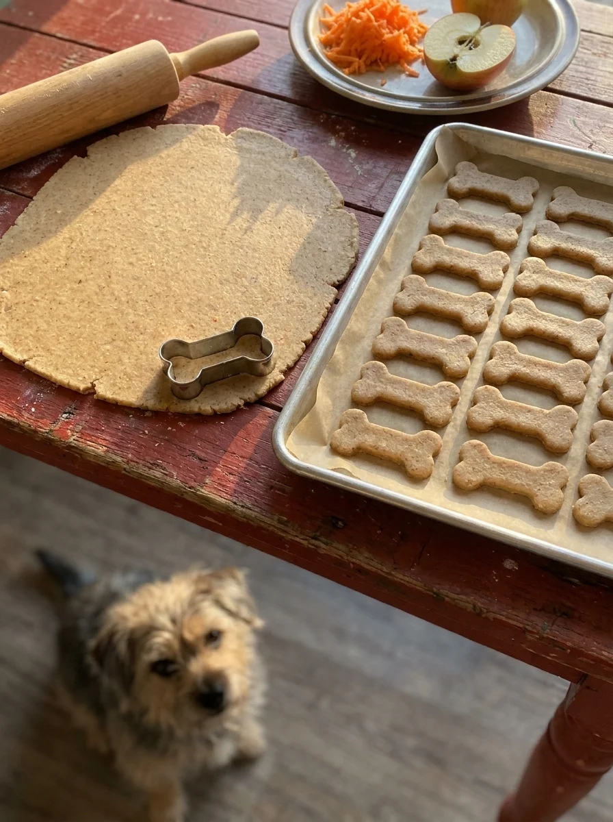 Roll-cut-and-bake method for apple and carrot dog bones with dough and a bone cutter