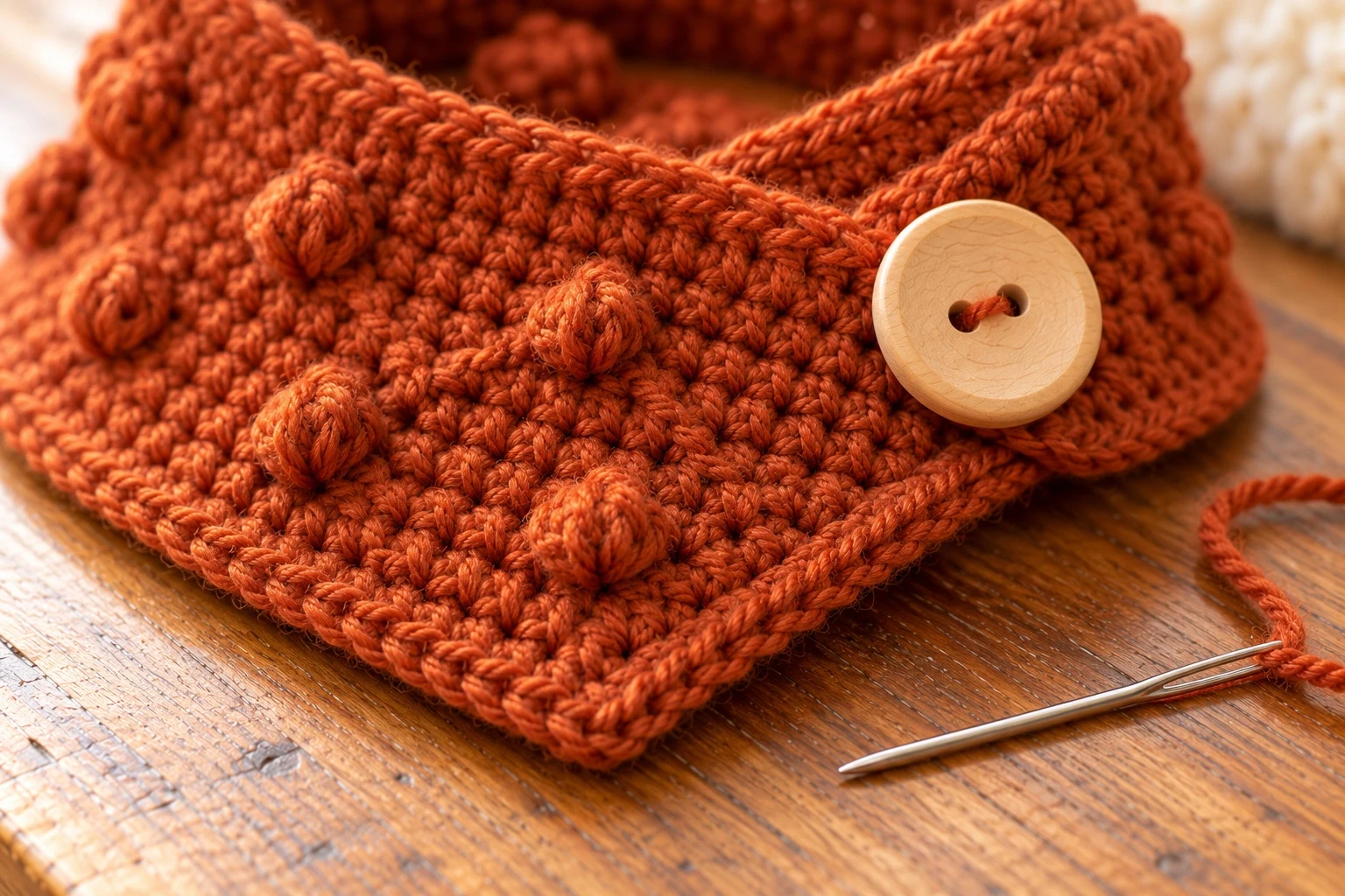 Close-up of the single crochet edging and wooden button on a rust dog scarf
