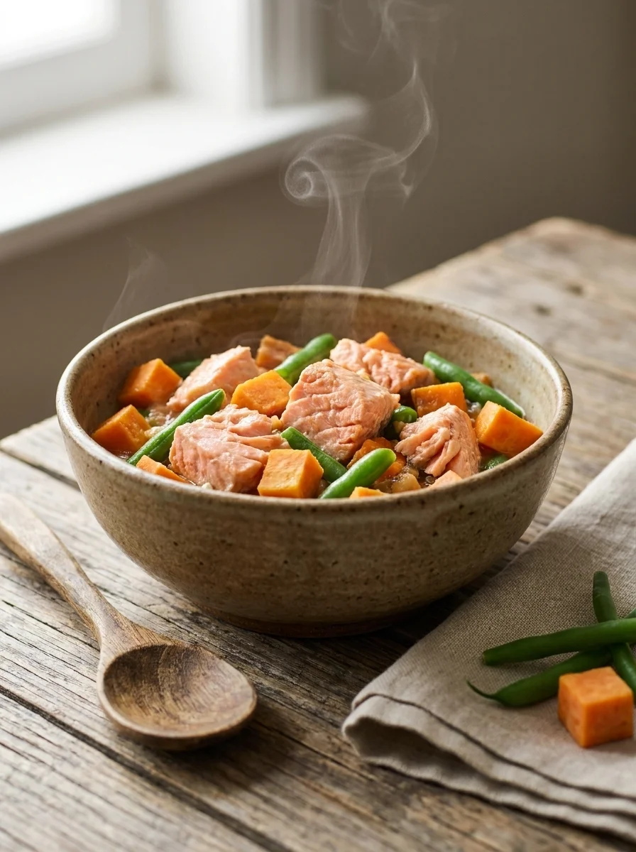 Bowl of salmon and sweet potato dog food with green beans