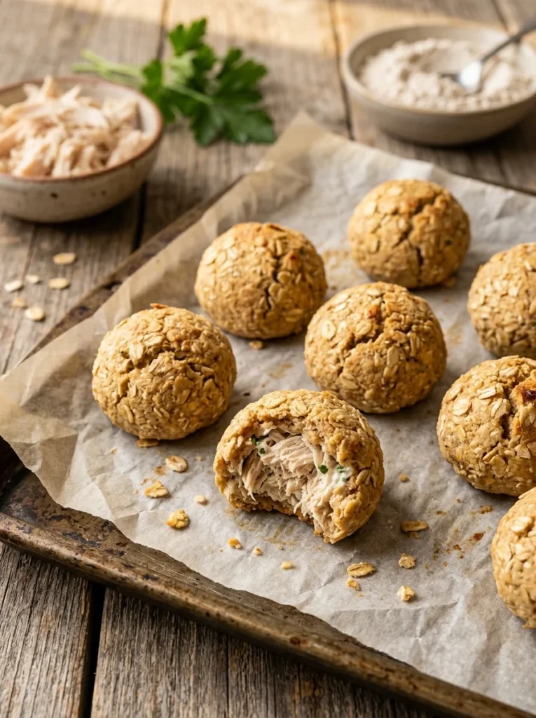 Savory chicken-stuffed Oatmeal Protein Balls for dogs cut open to show the filling