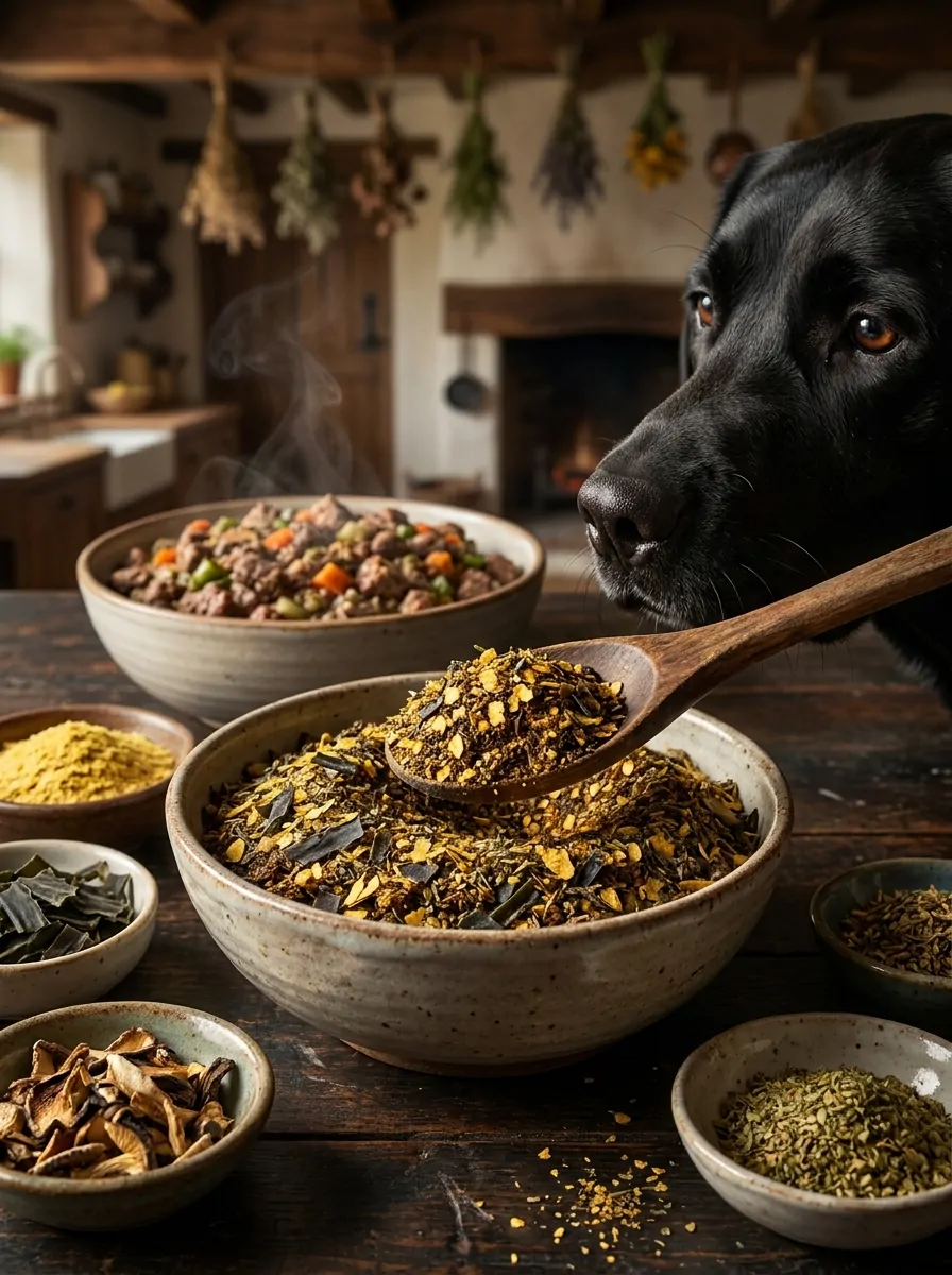 Black dog sniffing a wooden spoon of savory umami seasoning blend with kelp flakes