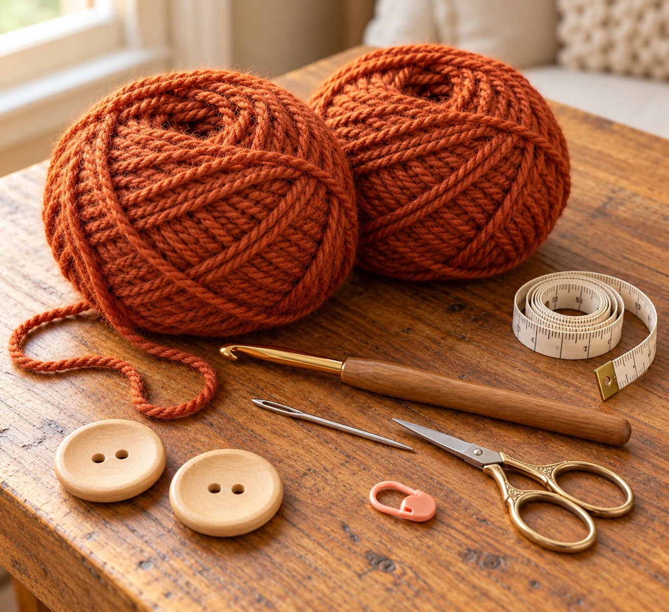 Rust yarn, hook, and wooden buttons laid out for a dog scarf