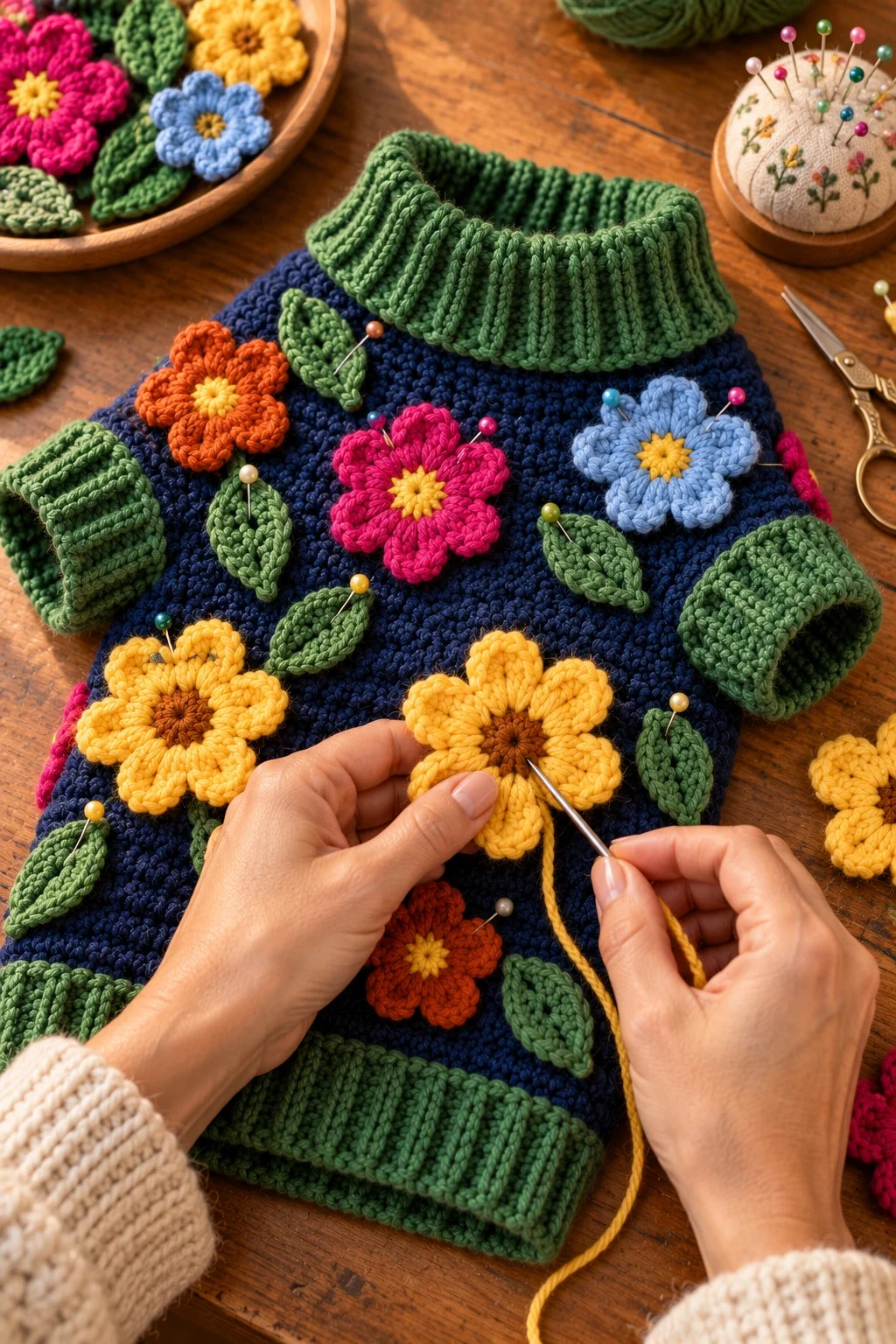 Hands sewing colorful crochet flowers onto a navy dog sweater