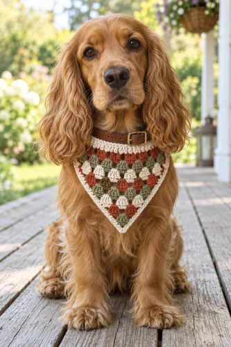 Cocker spaniel wearing a rust, sage and cream granny crochet slide-on bandana on a porch
