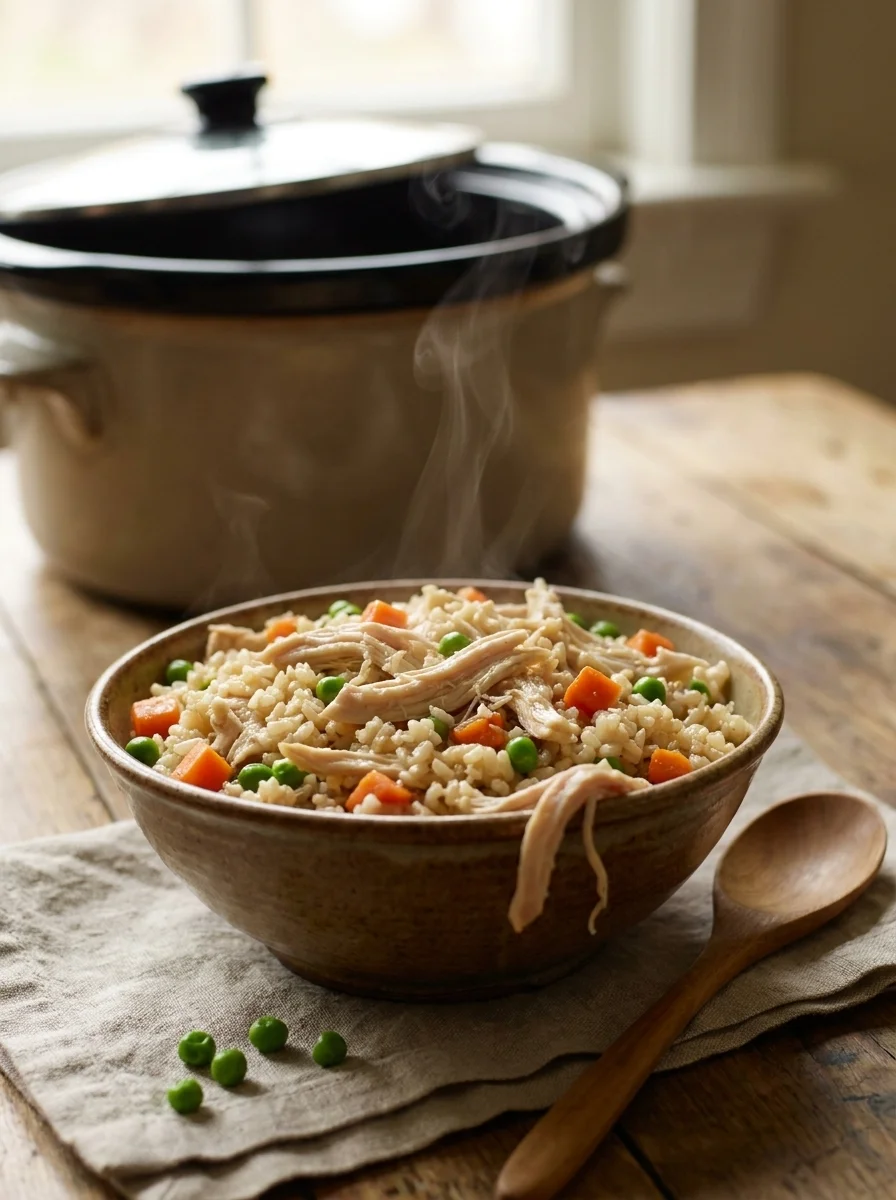 Slow-cooker shredded chicken and rice dog food in a bowl