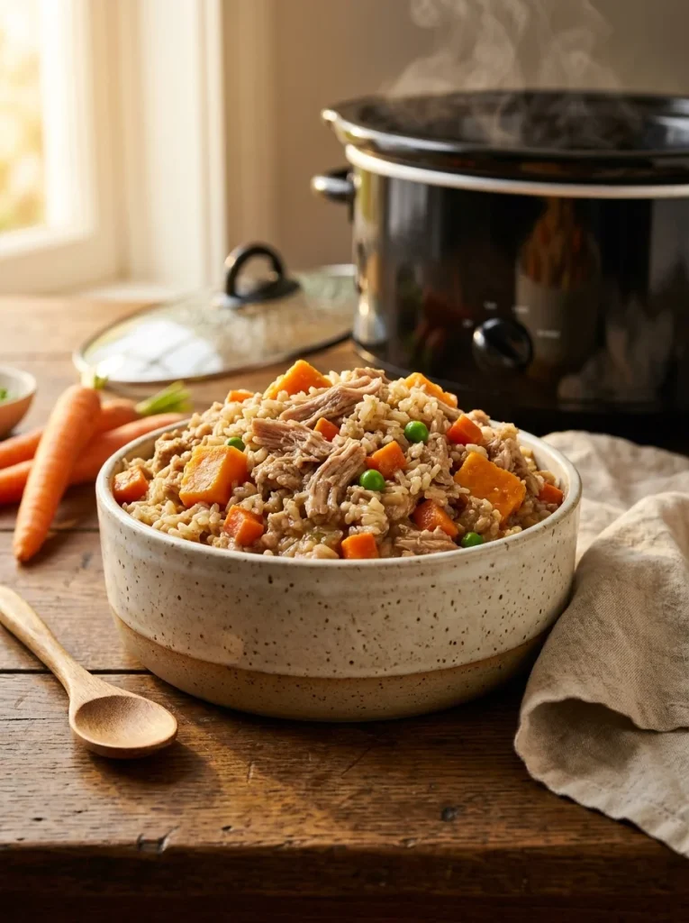 Hero shot of crockpot ground turkey dog food in a ceramic bowl on a rustic farmhouse table