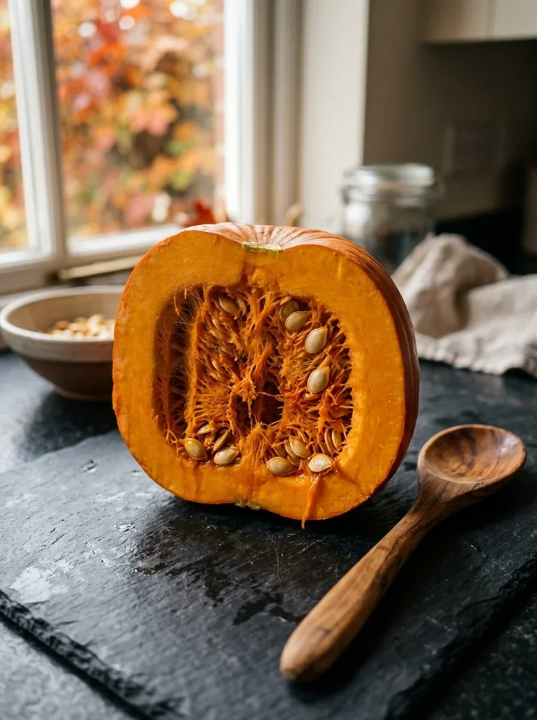 Fresh pumpkin cut open showing flesh used for dog digestive health