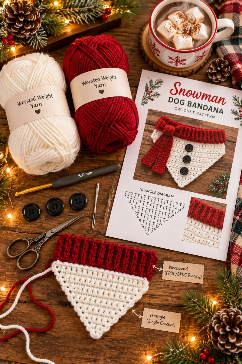 Yarn, hook, and notions for snowman dog bandana on wooden table