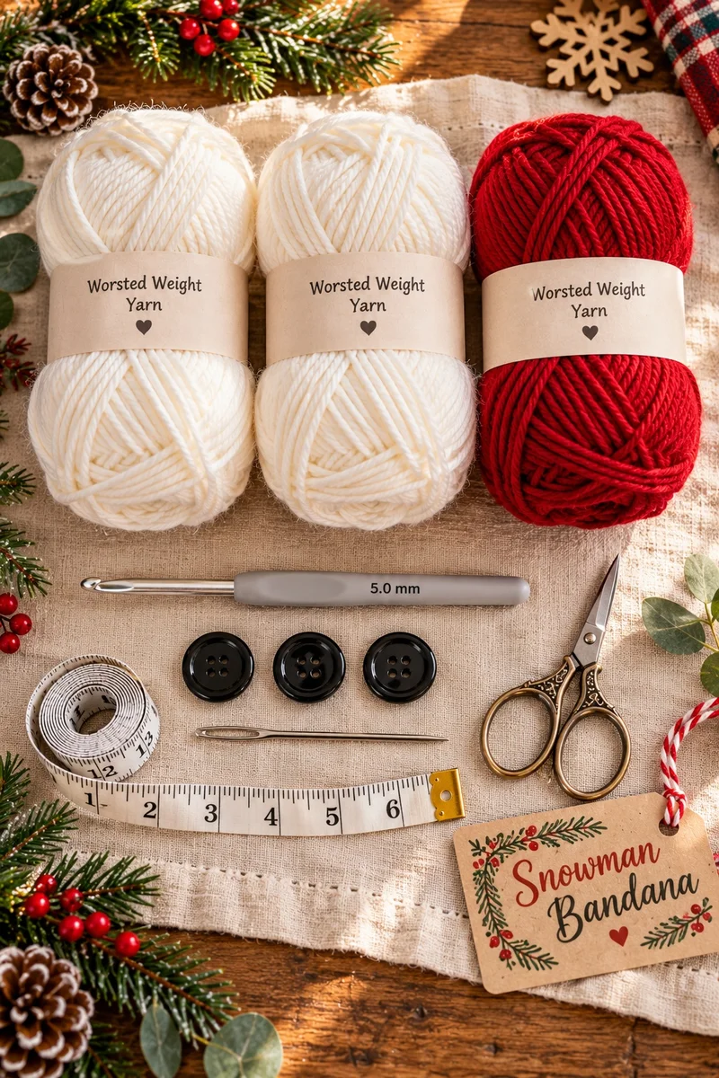 White and red yarn, hook, buttons, and notions for dog bandana