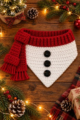 Finished snowman dog bandana flat lay with Christmas decorations