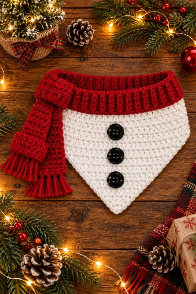 Finished snowman dog bandana flat lay with Christmas decorations