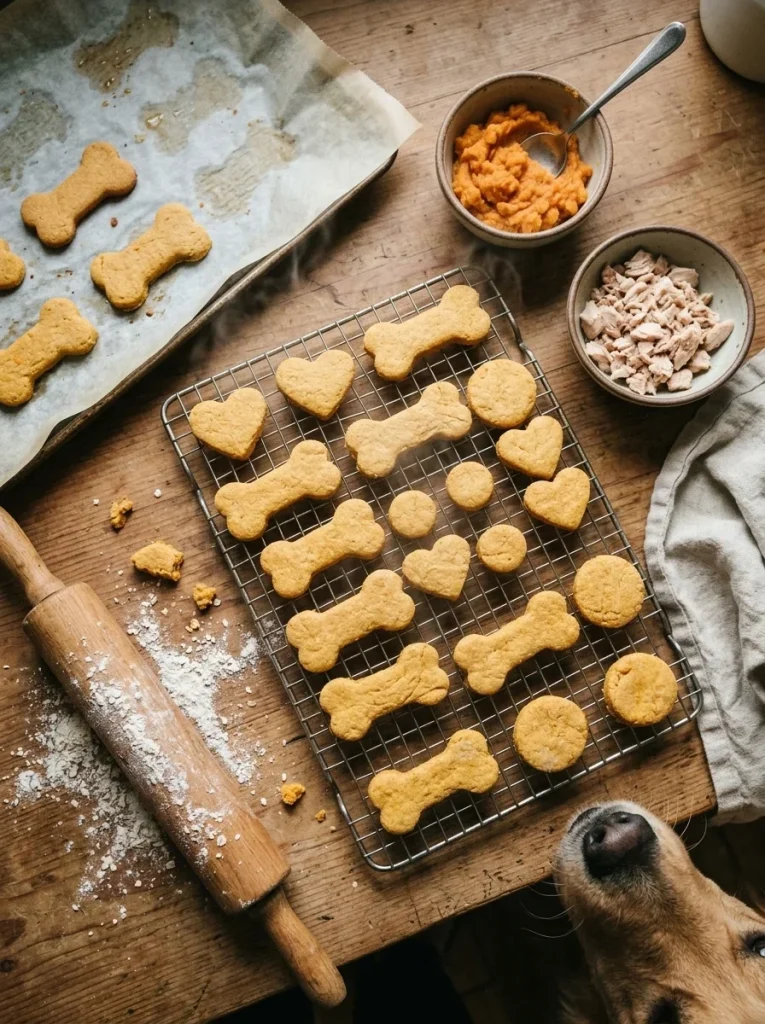 Soft baked tuna sweet potato dog treats cooling on a wire rack