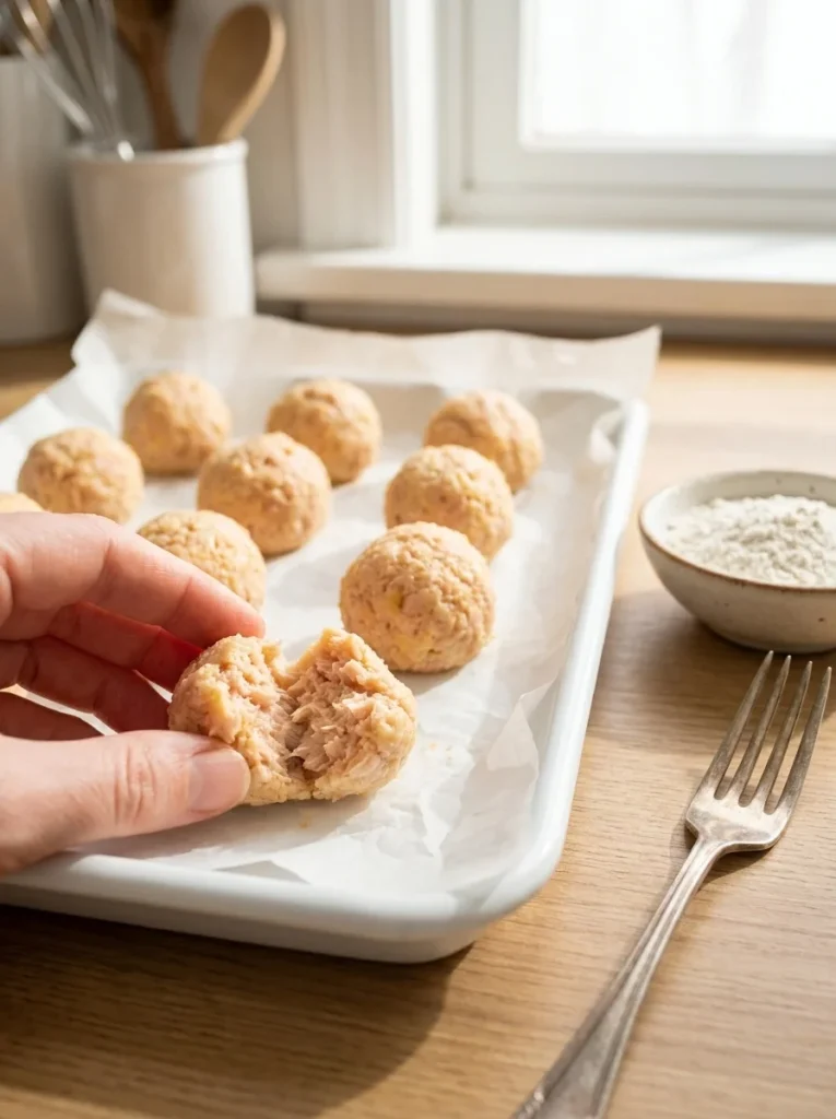 Soft no-bake tuna cheese bites rolled into grape-sized balls for dogs