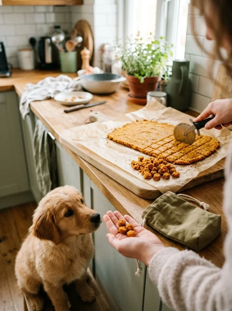Soft tuna sweet potato dog treats cut into tiny training squares