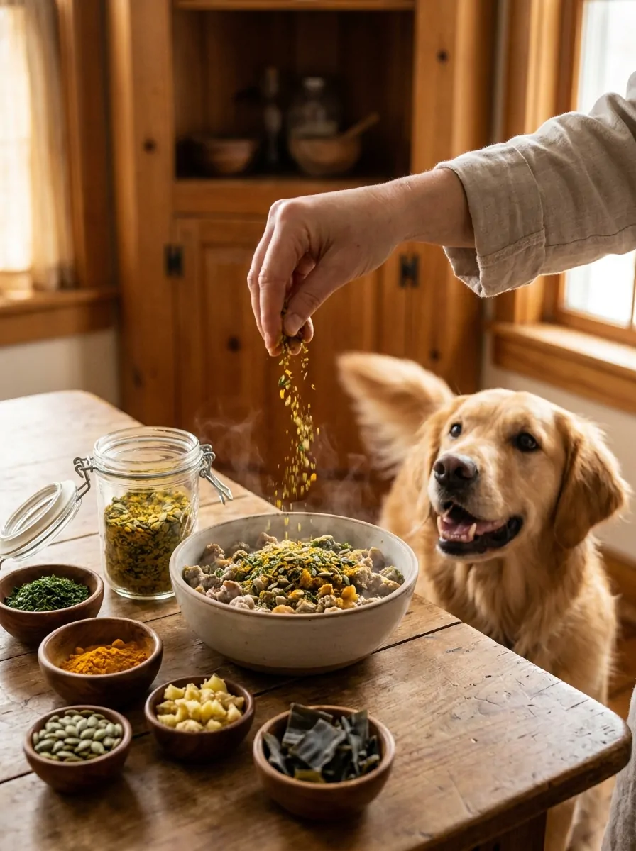 Hand sprinkling homemade base seasoning blend over a bowl of dog food, golden retriever watching eagerly