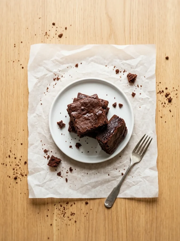 Stack of fudgy homemade carob brownies for dogs on a ceramic plate