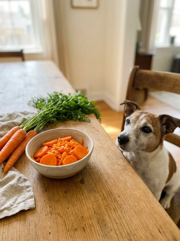 Steamed carrots and fresh carrots for an aging terrier