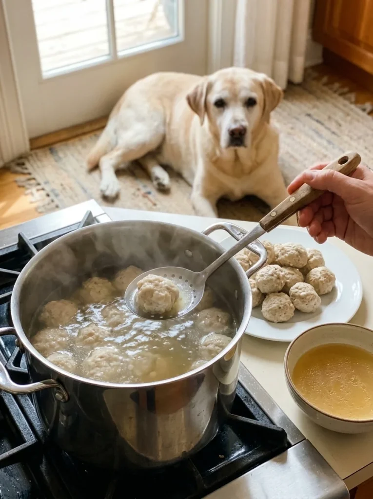 Soft stovetop simmered dog meatballs in a pot, ideal for senior dogs