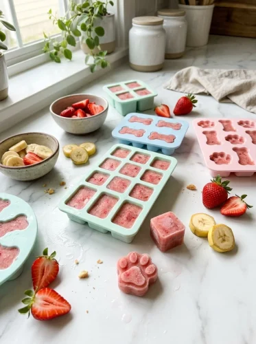 Banner of strawberry banana ice cream molds with fresh fruit