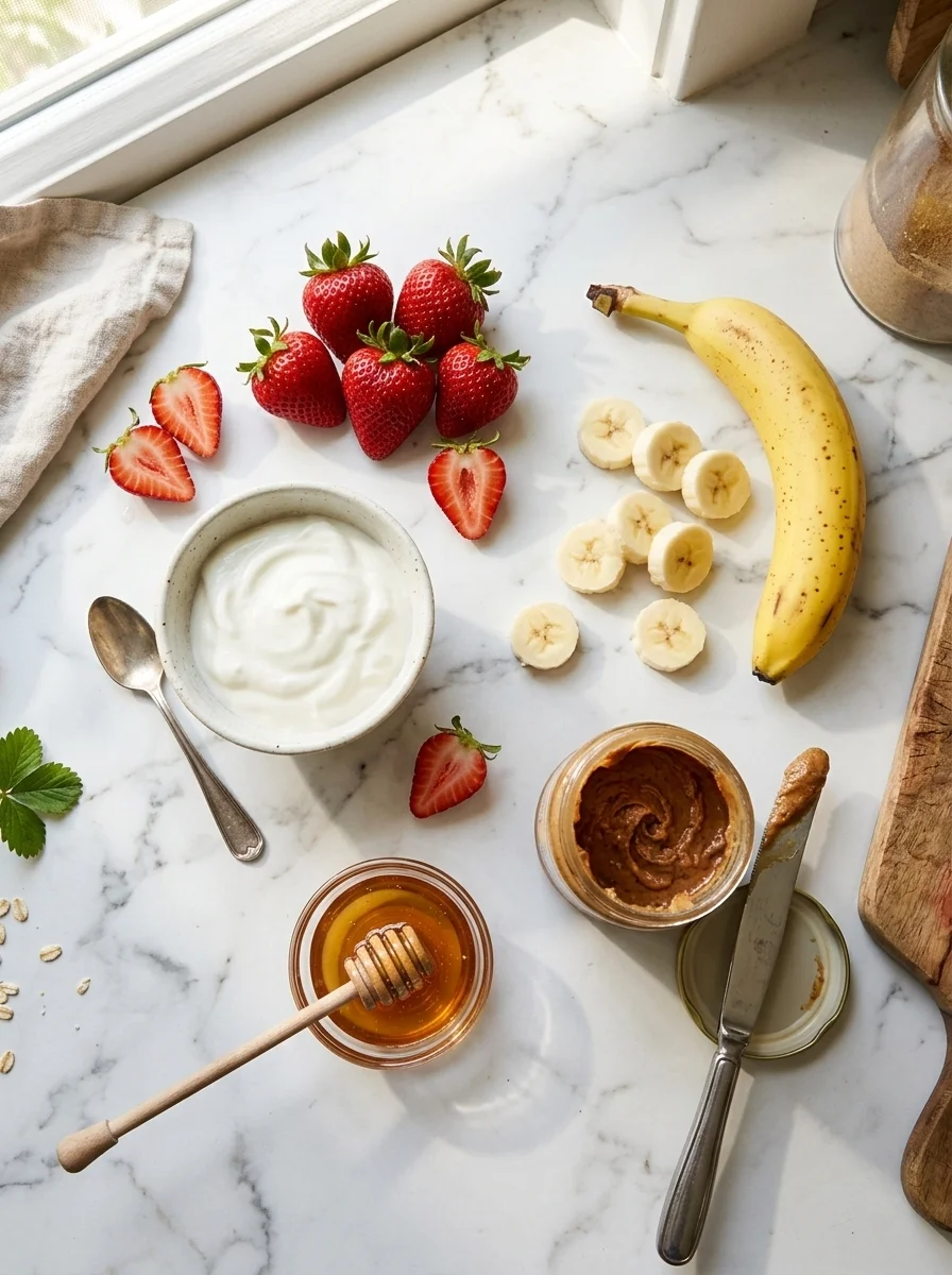 Strawberries, banana, yogurt and peanut butter ingredients on marble