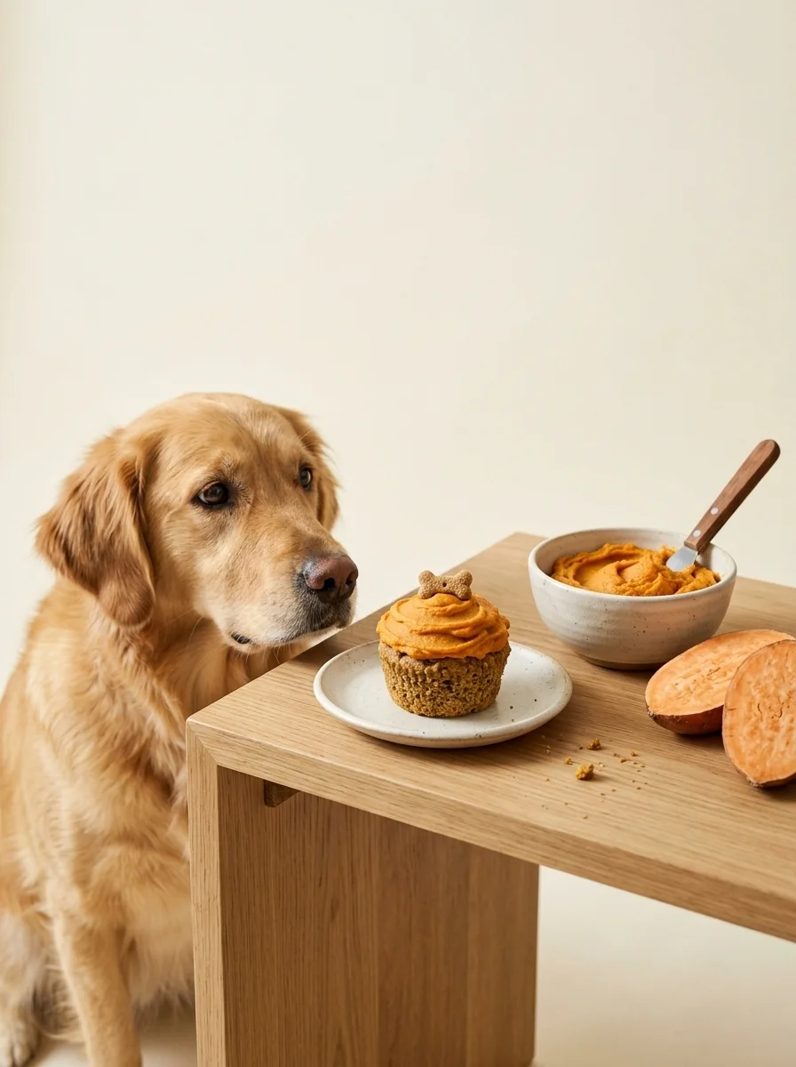 Studio portrait of a dog with a frosted pupcake