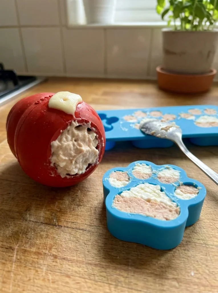 Stuffed Kong and layered tuna and cheese dog treats ready for the freezer