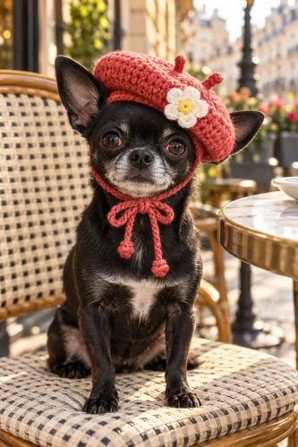 Black chihuahua wearing a coral crochet beret with a white flower on a cafe terrace