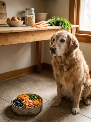 Senior golden retriever with a bowl of super foods for senior dogs