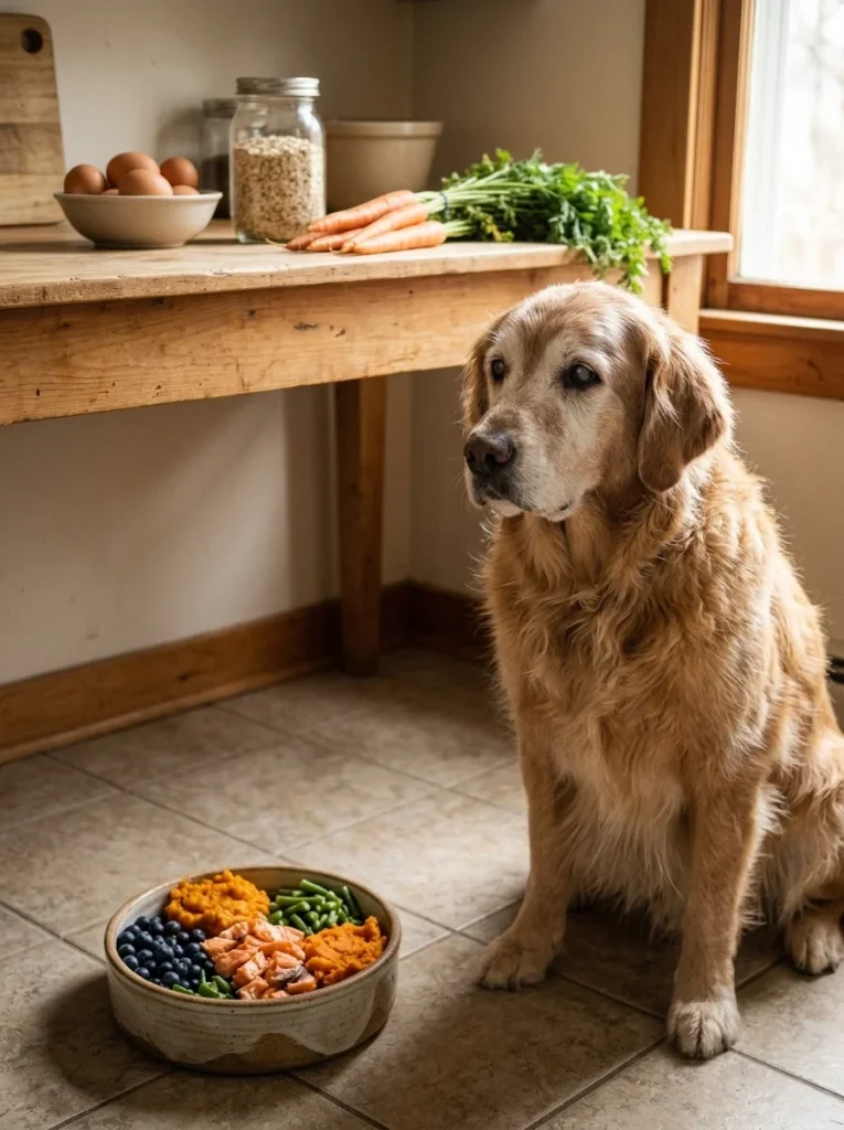 Senior golden retriever with a bowl of super foods for senior dogs