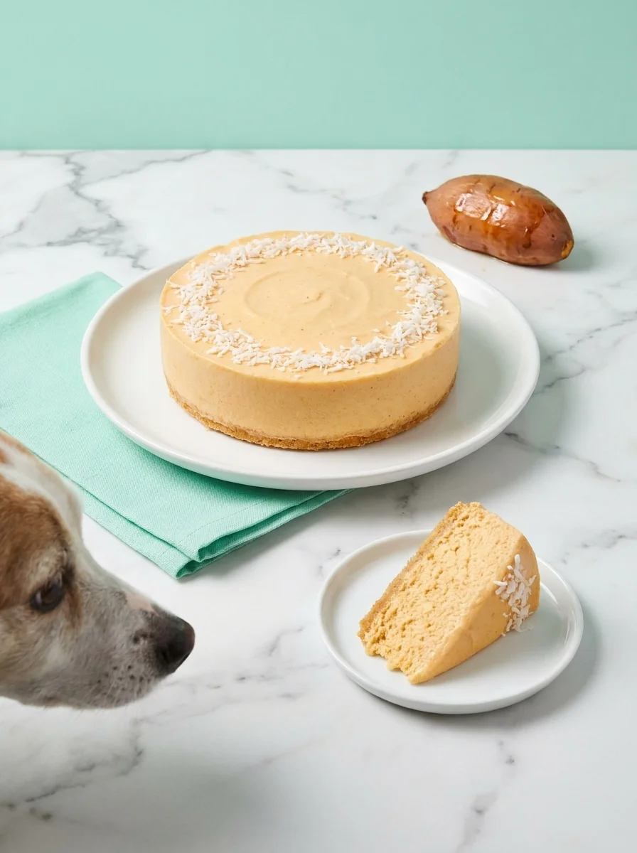Sweet potato no bake cake for dogs on a marble table