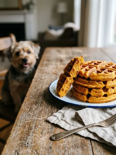 Golden sweet potato waffles on an enamel plate with a happy dog