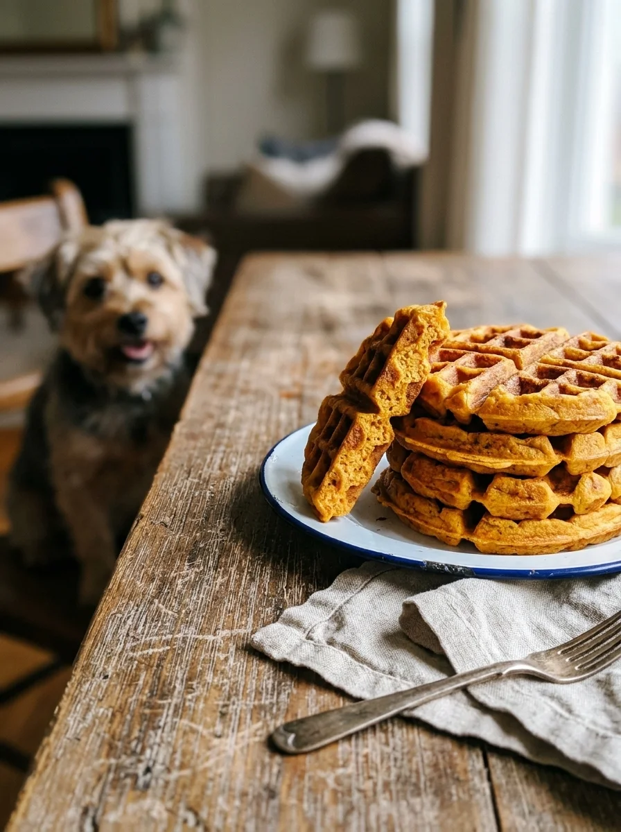 Golden sweet potato waffles on an enamel plate with a happy dog