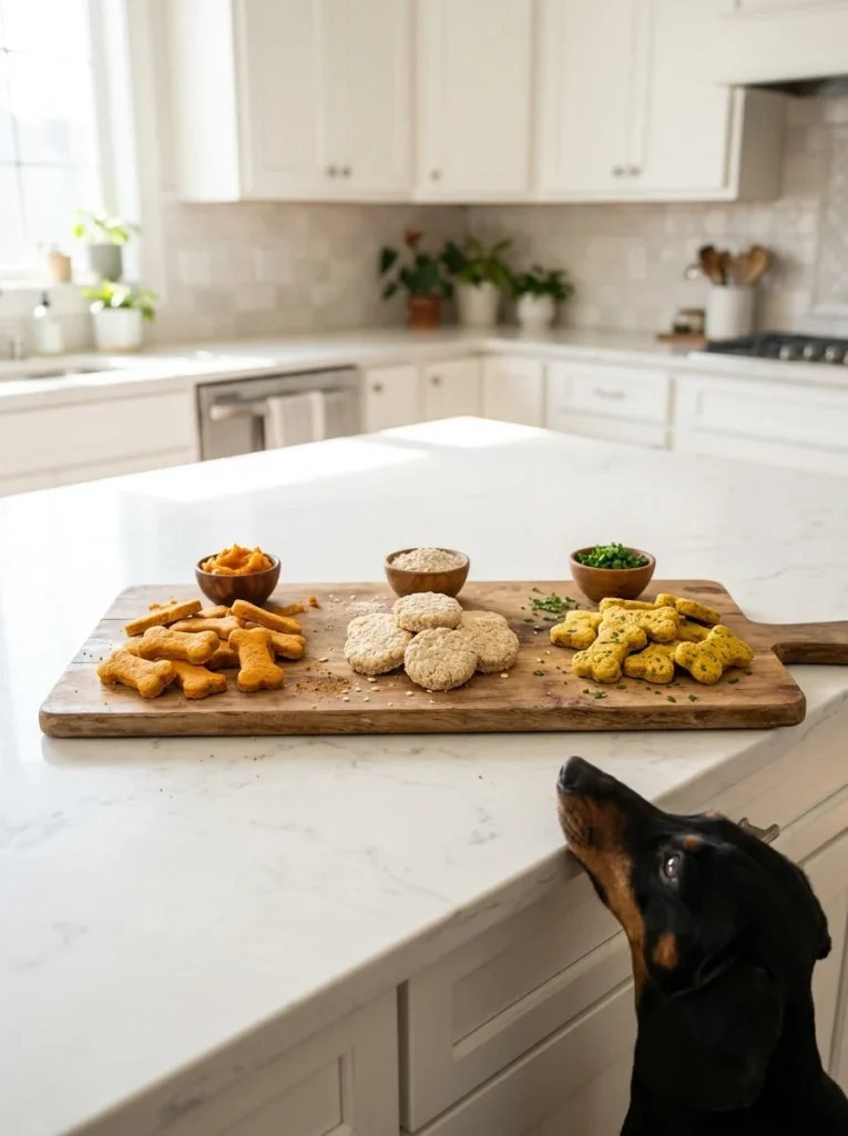 Wooden tasting board with three tuna and cheese dog treats variations and a curious dachshund