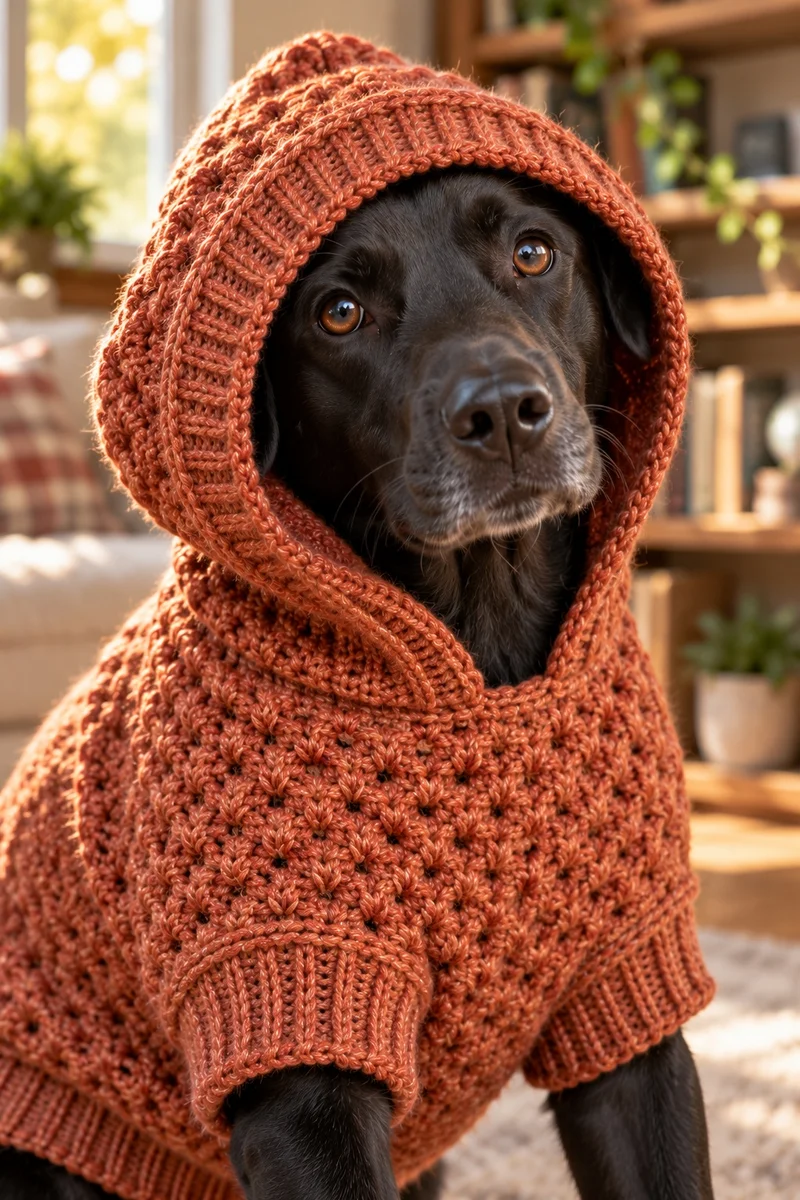 Close-up of the terracotta crocheted hood with ribbed face edge, worn up