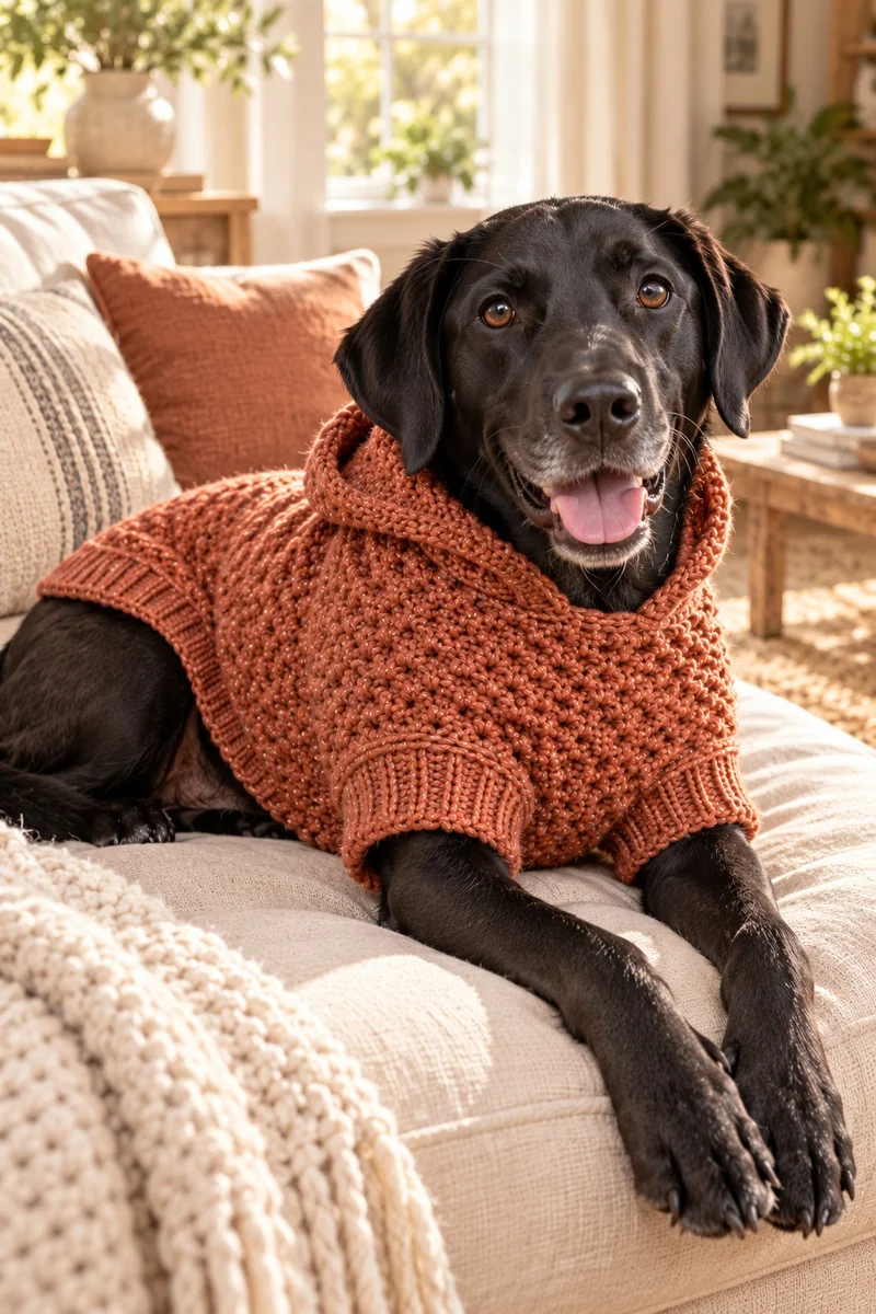 Black dog in a terracotta crochet hoodie with the hood folded down, sitting on a couch