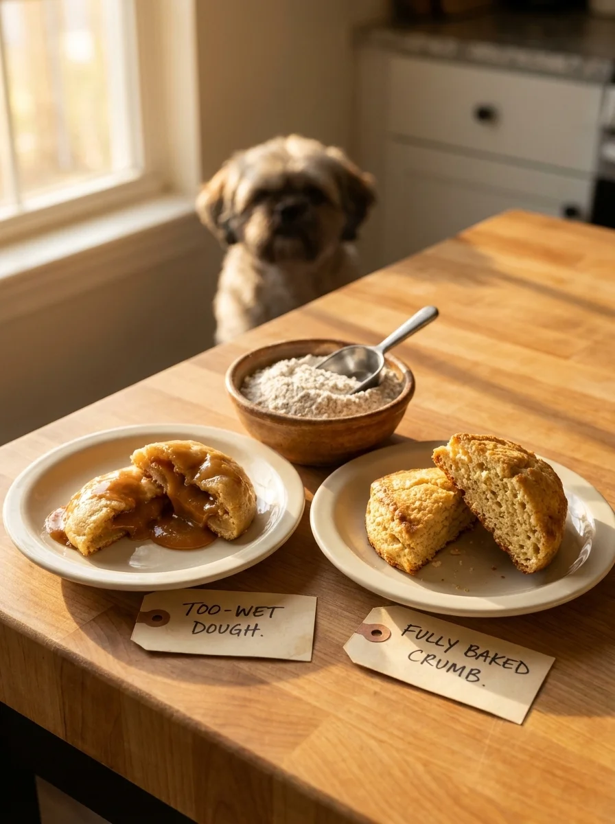 Troubleshooting comparison for banana oatmeal treats showing soft center versus baked crumb