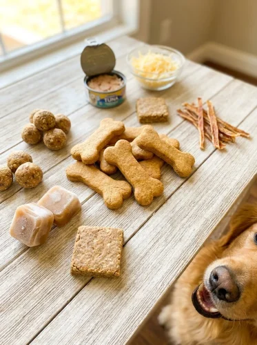 Homemade tuna and cheese dog treats in baked, no-bake, frozen, and grain-free styles