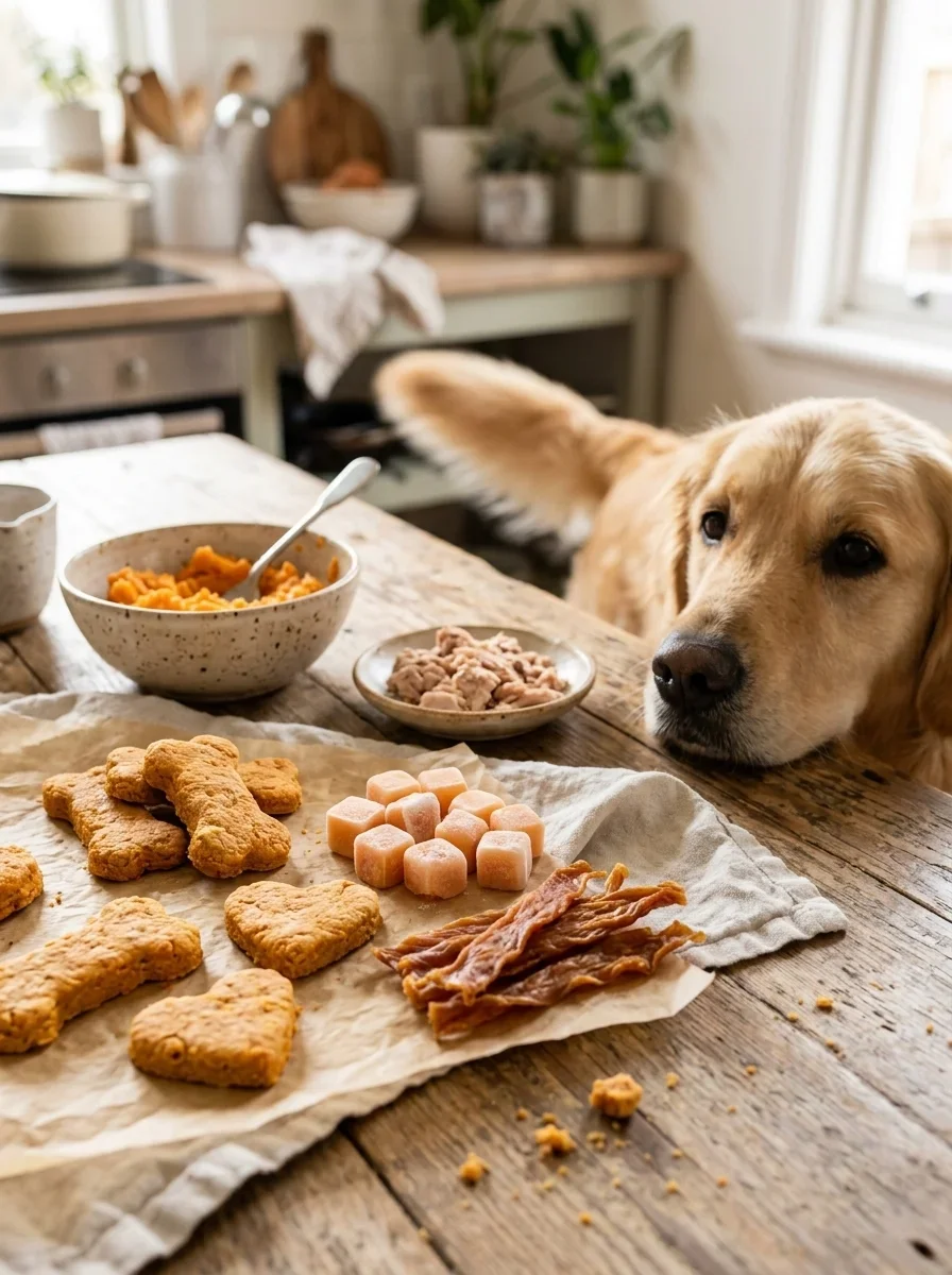 Homemade tuna sweet potato dog treats with a happy golden retriever