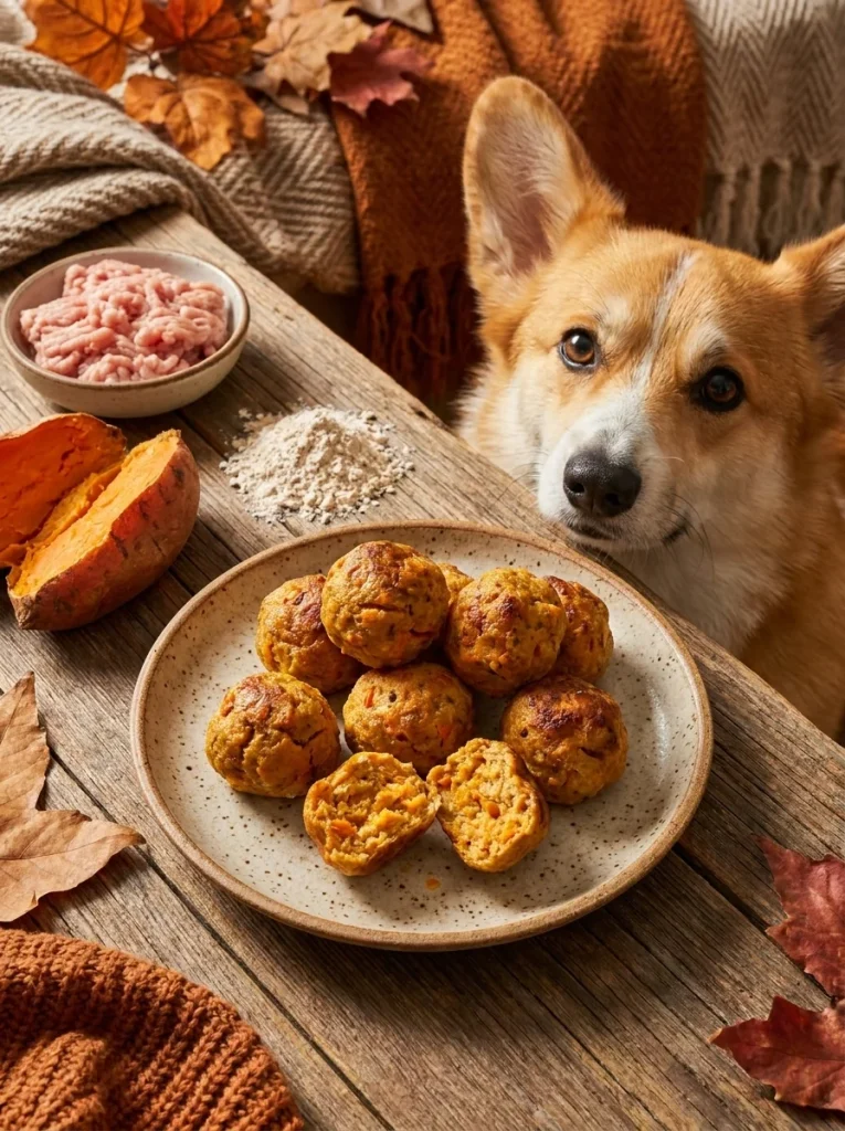 Turkey and sweet potato dog meatballs served on a ceramic plate