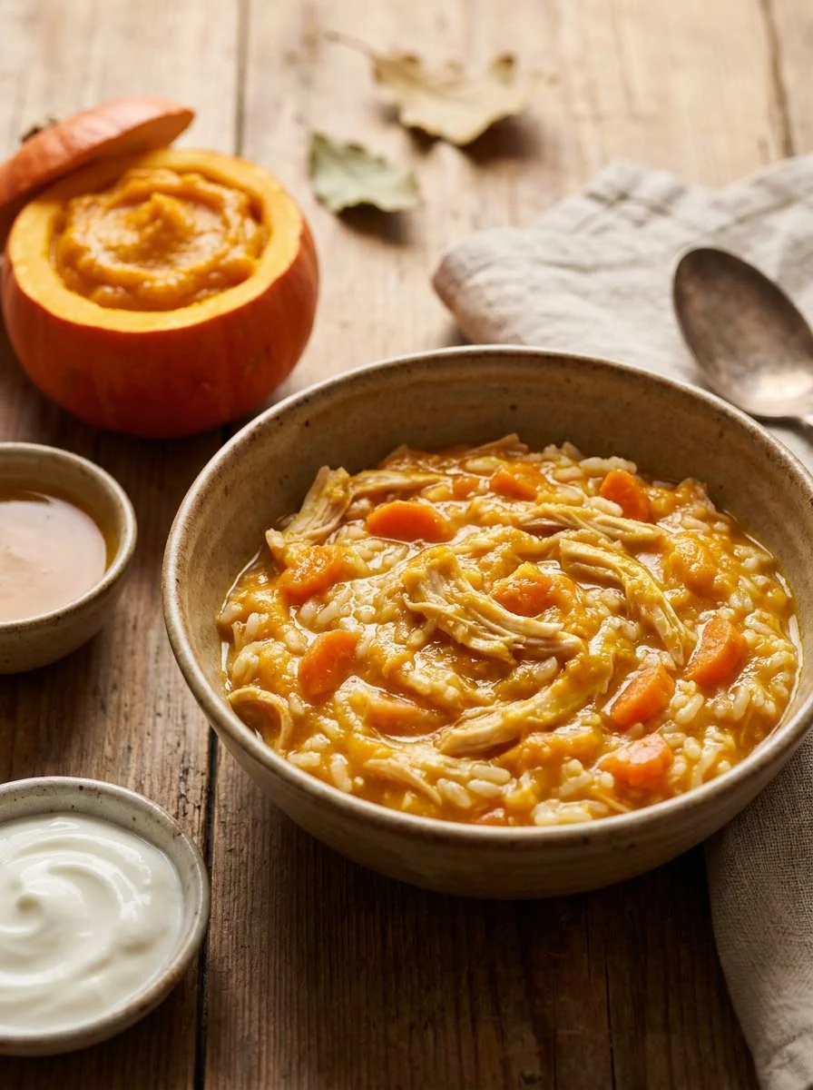 Turkey and pumpkin gut-friendly dog food in a pottery bowl